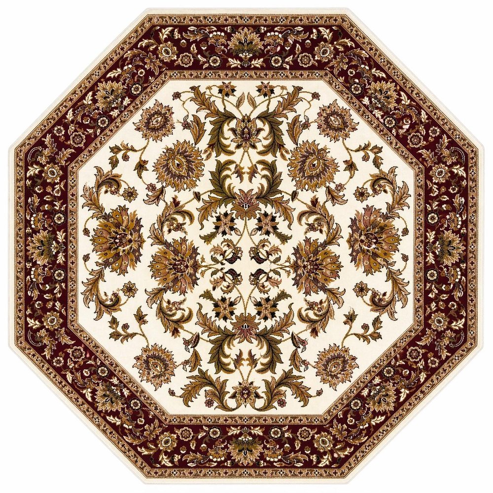 7' Ivory Red And Orange Floral Medallion Octagon Rug