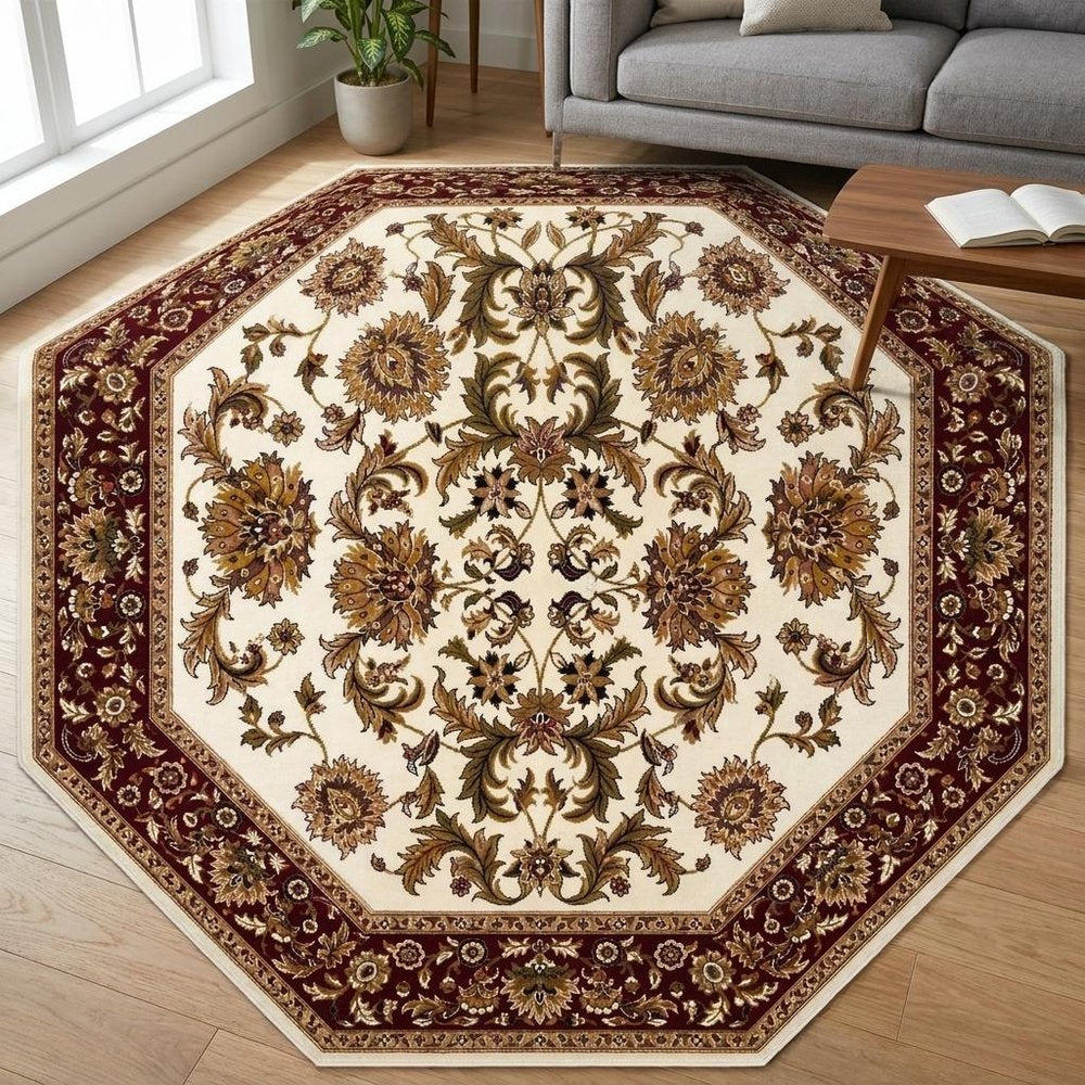 7' Ivory Red And Orange Floral Medallion Octagon Rug