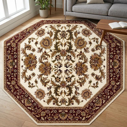 7' Ivory Red And Orange Floral Medallion Octagon Rug