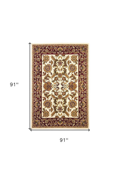 8' Ivory Red And Orange Floral Medallion Octagon Rug