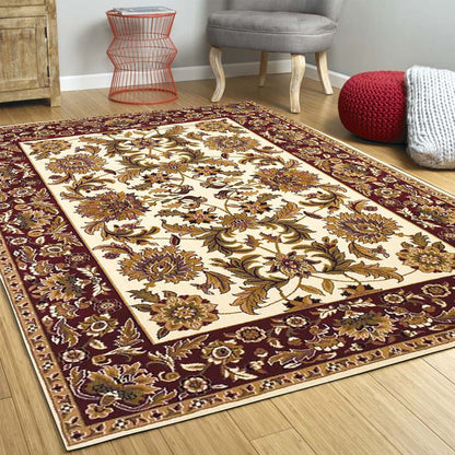 8' Ivory Red And Orange Floral Medallion Octagon Rug