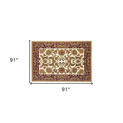 8' Ivory Red And Orange Floral Medallion Octagon Rug