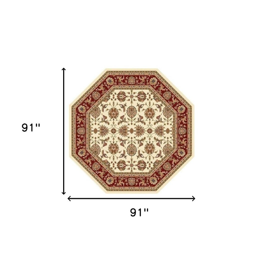 7' Red Ivory And Brown Floral Medallion Octagon Rug