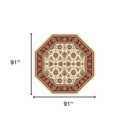 7' Red Ivory And Brown Floral Medallion Octagon Rug