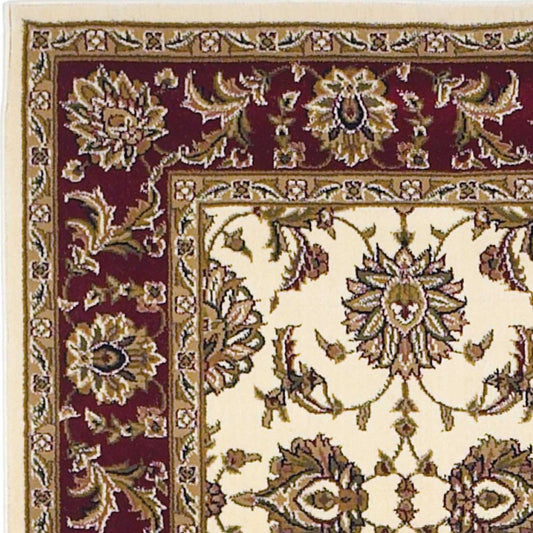7' Red Ivory And Brown Floral Medallion Octagon Rug