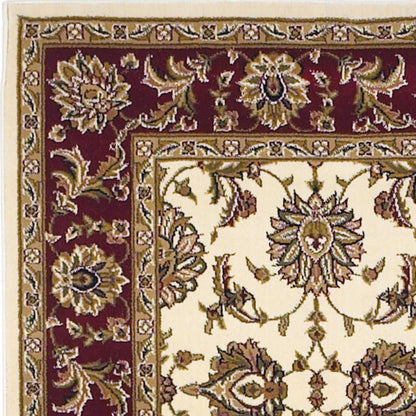 7' Red Ivory And Brown Floral Medallion Octagon Rug