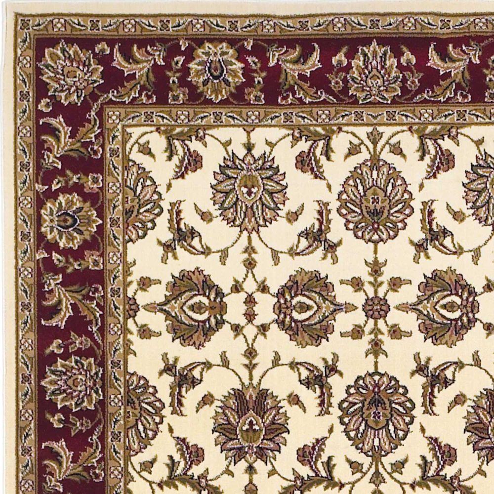 7' Red Ivory And Brown Floral Medallion Octagon Rug