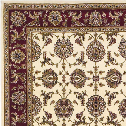 7' Red Ivory And Brown Floral Medallion Octagon Rug