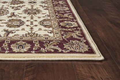 7' Red Ivory And Brown Floral Medallion Octagon Rug