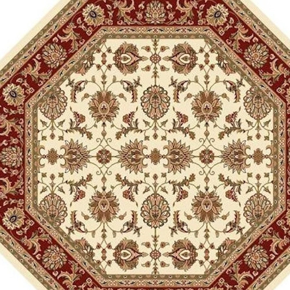 7' Red Ivory And Brown Floral Medallion Octagon Rug