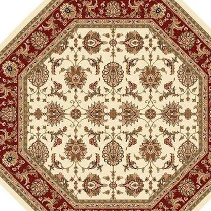 7' Red Ivory And Brown Floral Medallion Octagon Rug