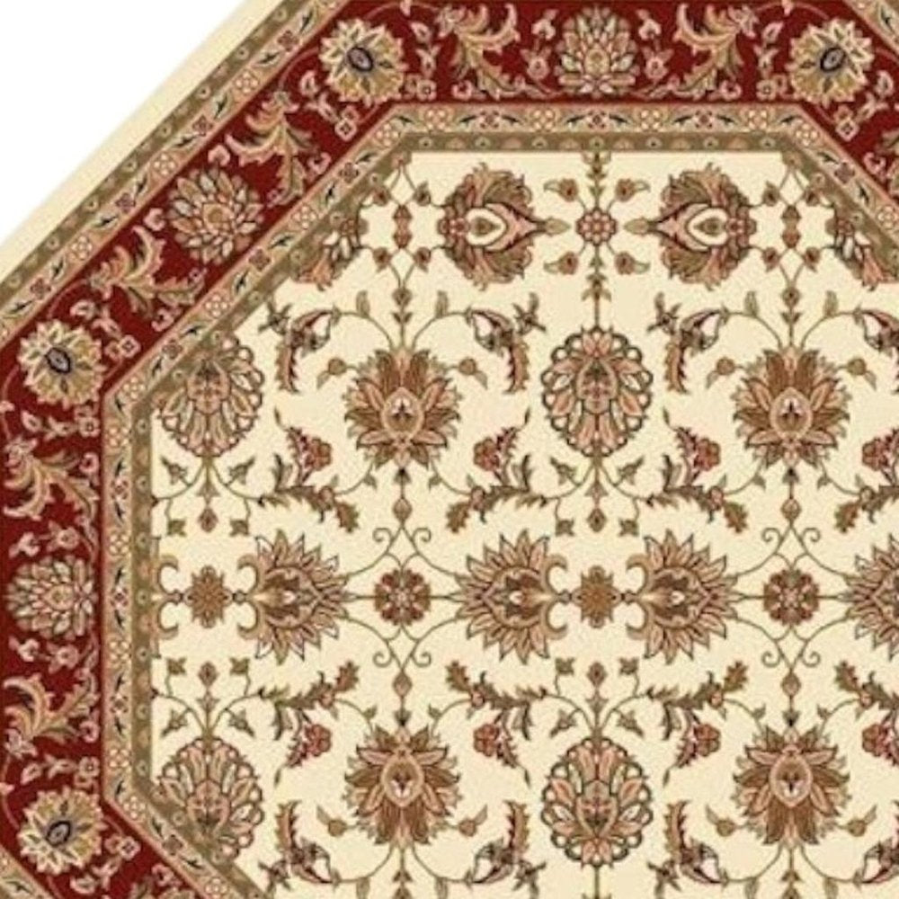 7' Red Ivory And Brown Floral Medallion Octagon Rug