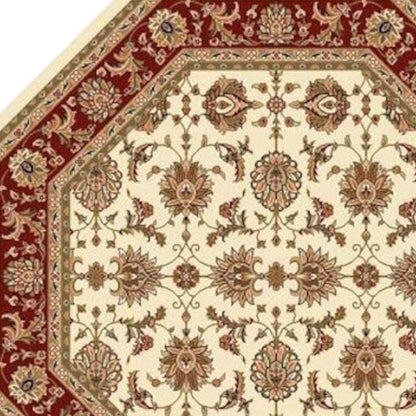 7' Red Ivory And Brown Floral Medallion Octagon Rug