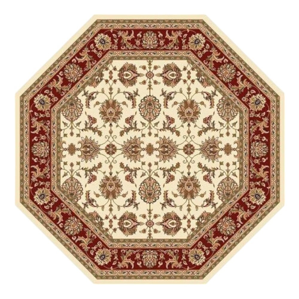 7' Red Ivory And Brown Floral Medallion Octagon Rug