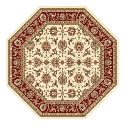 7' Red Ivory And Brown Floral Medallion Octagon Rug