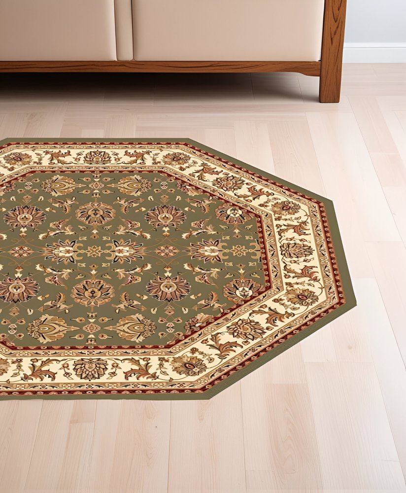 7' Green And Ivory Floral Octagon Rug