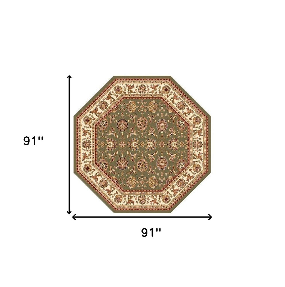 7' Green And Ivory Floral Octagon Rug
