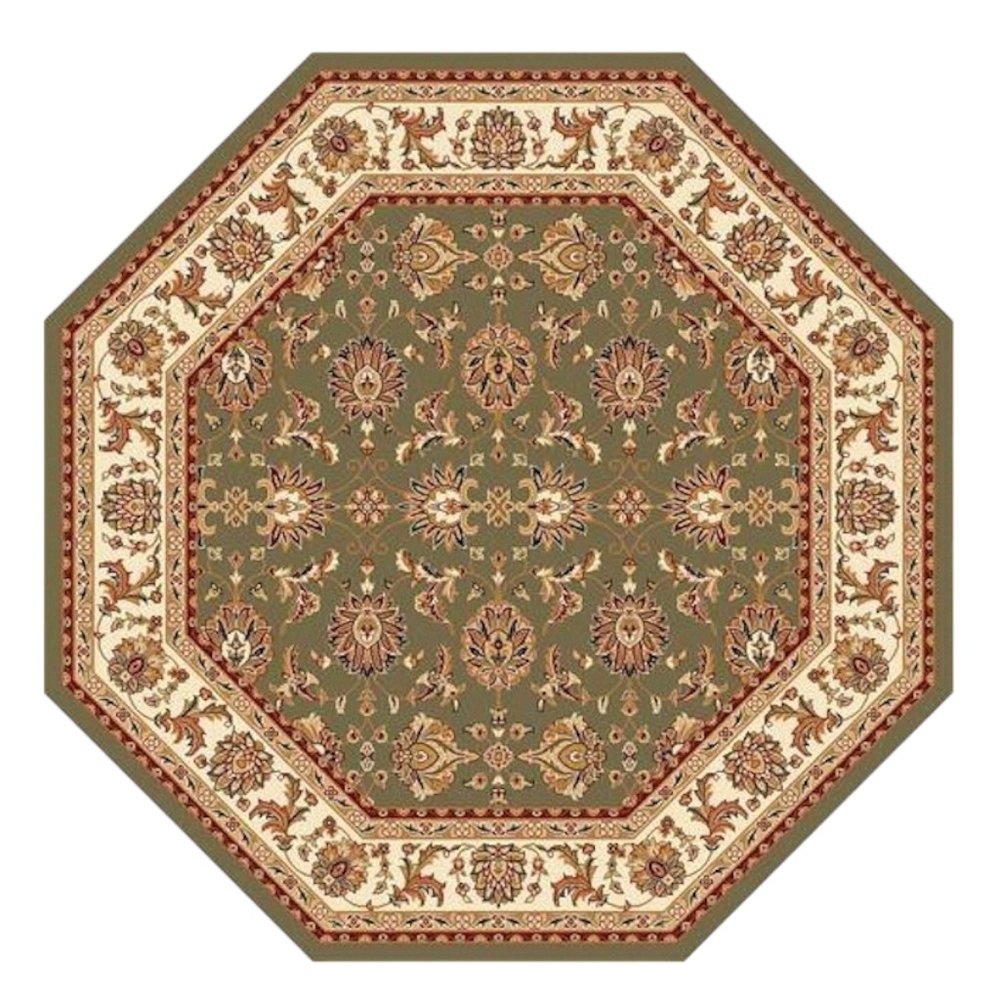 7' Green And Ivory Floral Octagon Rug