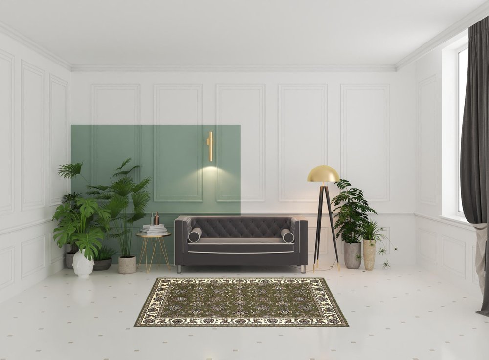 7' Green And Ivory Floral Octagon Rug