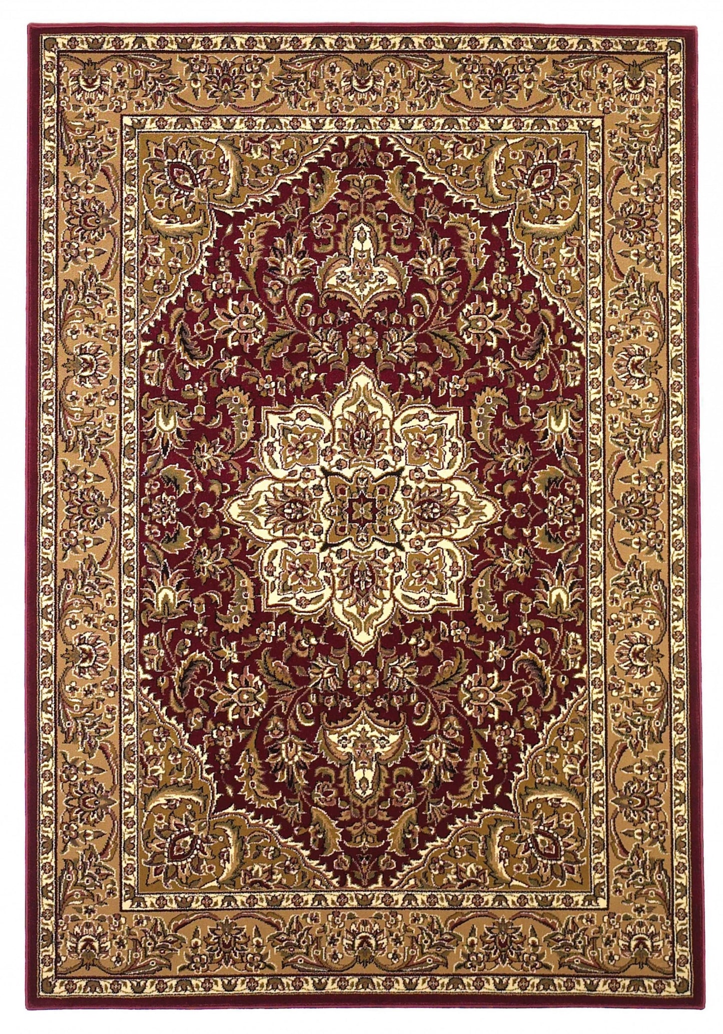 7' Red And Beige Floral Medallion Octagon Rug