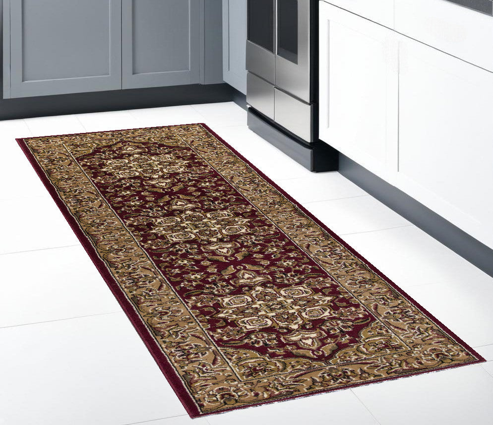 7' Red And Beige Floral Medallion Octagon Rug