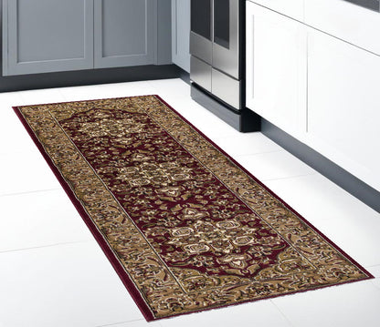 7' Red And Beige Floral Medallion Octagon Rug