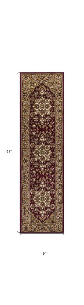 7' Red And Beige Floral Medallion Octagon Rug