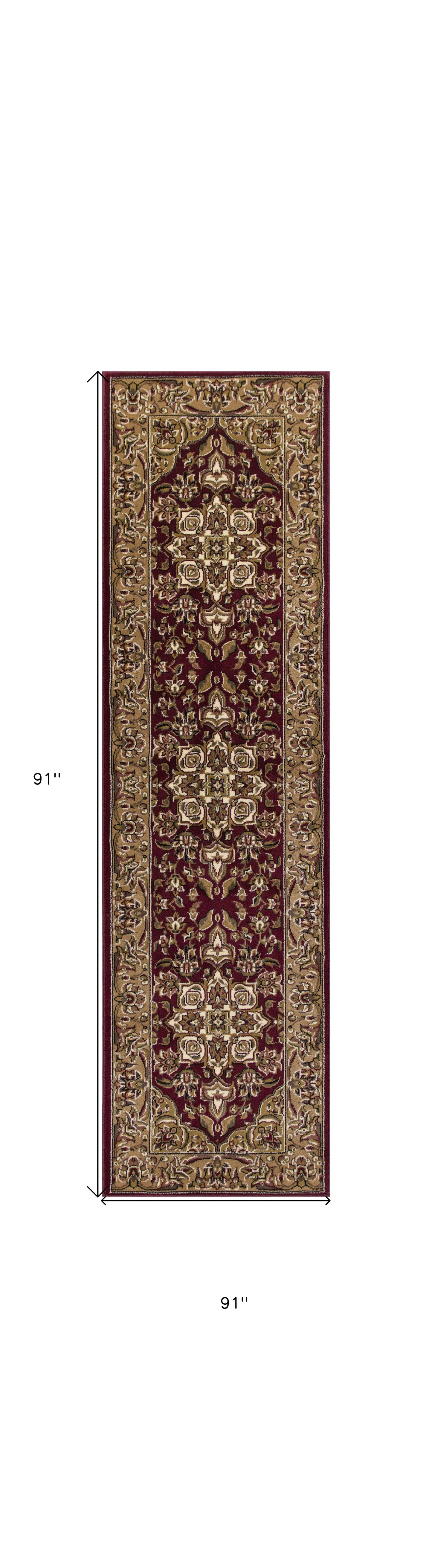 7' Red And Beige Floral Medallion Octagon Rug
