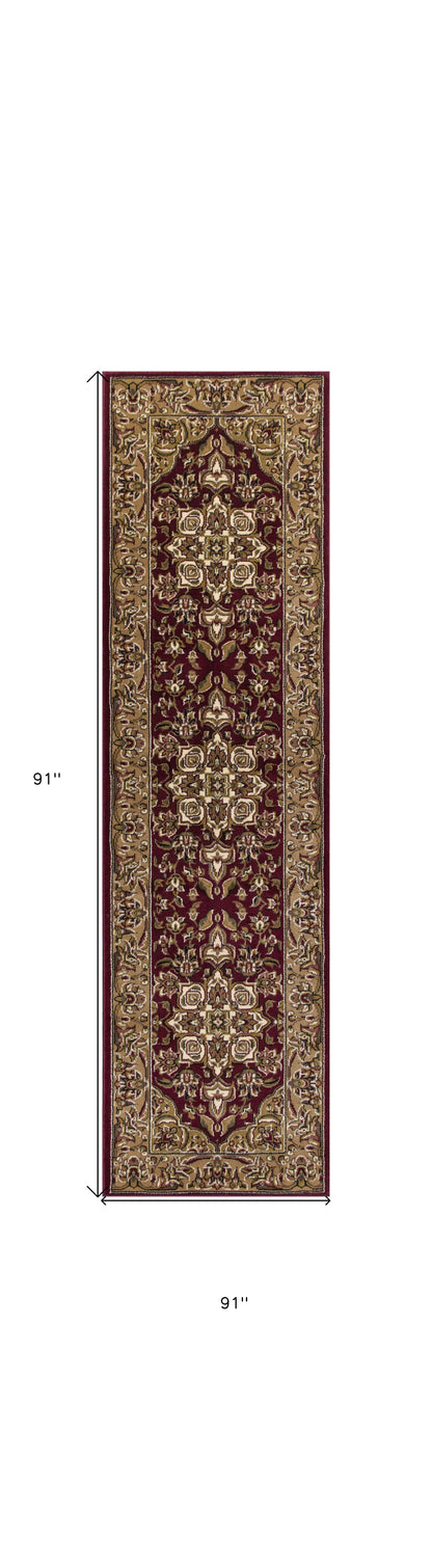 7' Red And Beige Floral Medallion Octagon Rug