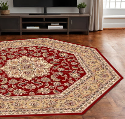 7' Red And Beige Floral Medallion Octagon Rug