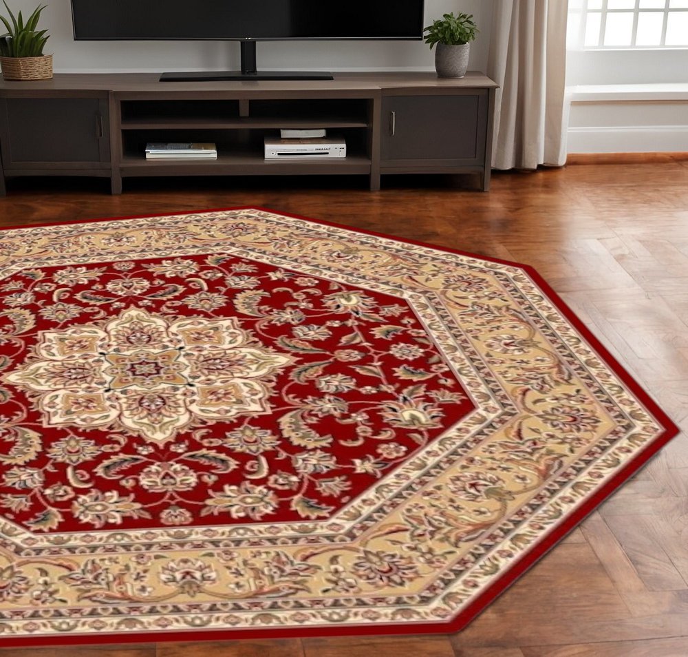 7' Red And Beige Floral Medallion Octagon Rug