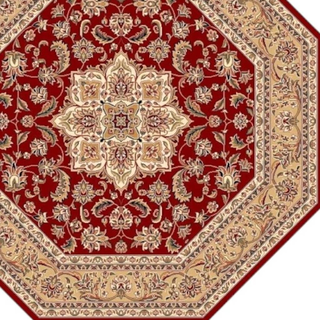7' Red And Beige Floral Medallion Octagon Rug