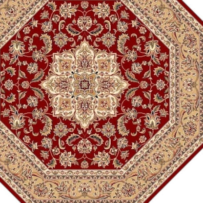 7' Red And Beige Floral Medallion Octagon Rug