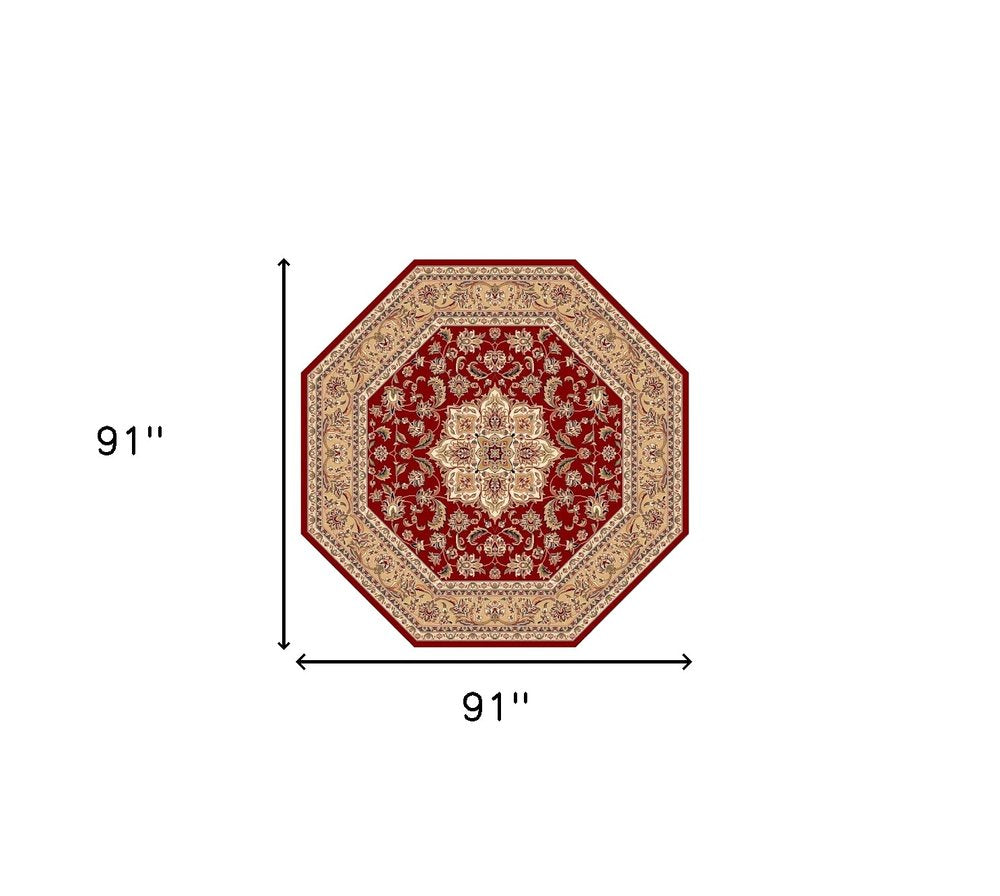 7' Red And Beige Floral Medallion Octagon Rug