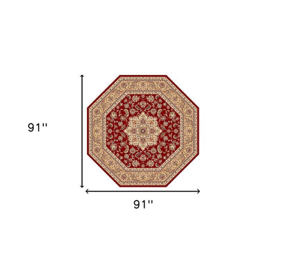 7' Red And Beige Floral Medallion Octagon Rug