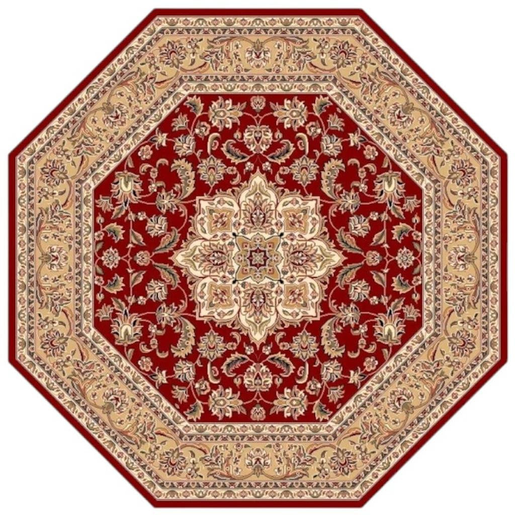 7' Red And Beige Floral Medallion Octagon Rug