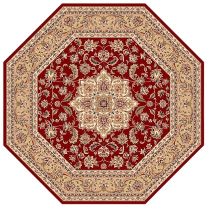 7' Red And Beige Floral Medallion Octagon Rug