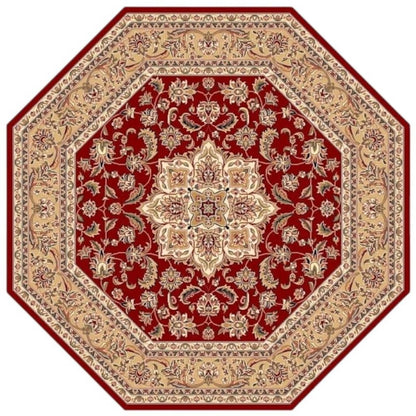 7' Red And Beige Floral Medallion Octagon Rug