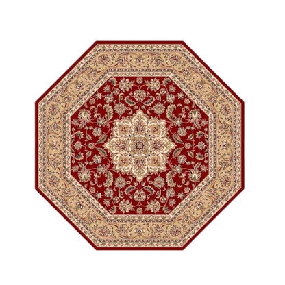 7' Red And Beige Floral Medallion Octagon Rug