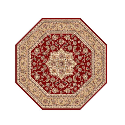 7' Red And Beige Floral Medallion Octagon Rug