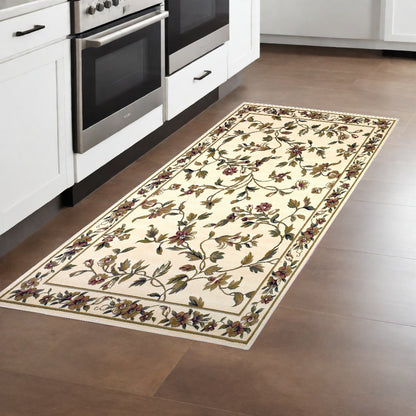 2' X 3' Ivory Green And Red Floral Vines Area Rug
