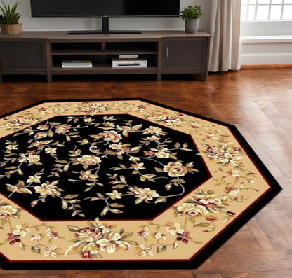 7' Tan Black And Beige Floral Vines Octagon Rug