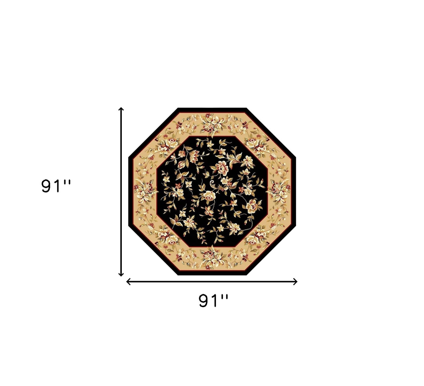 7' Tan Black And Beige Floral Vines Octagon Rug