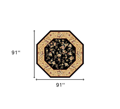 7' Tan Black And Beige Floral Vines Octagon Rug