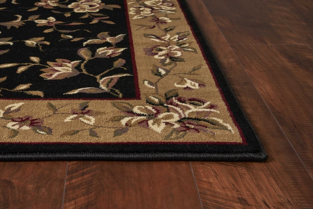 7' Tan Black And Beige Floral Vines Octagon Rug