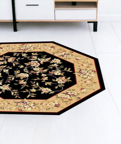 7' Tan Black And Beige Floral Vines Octagon Rug