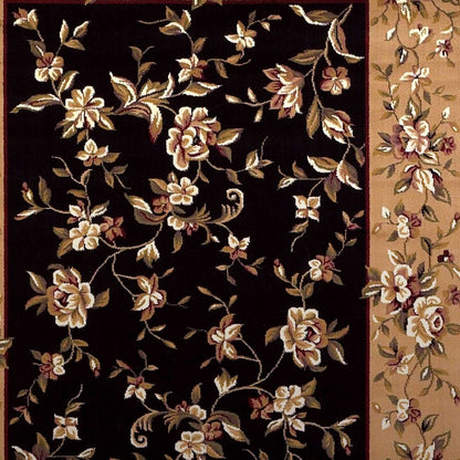 7' Tan Black And Beige Floral Vines Octagon Rug