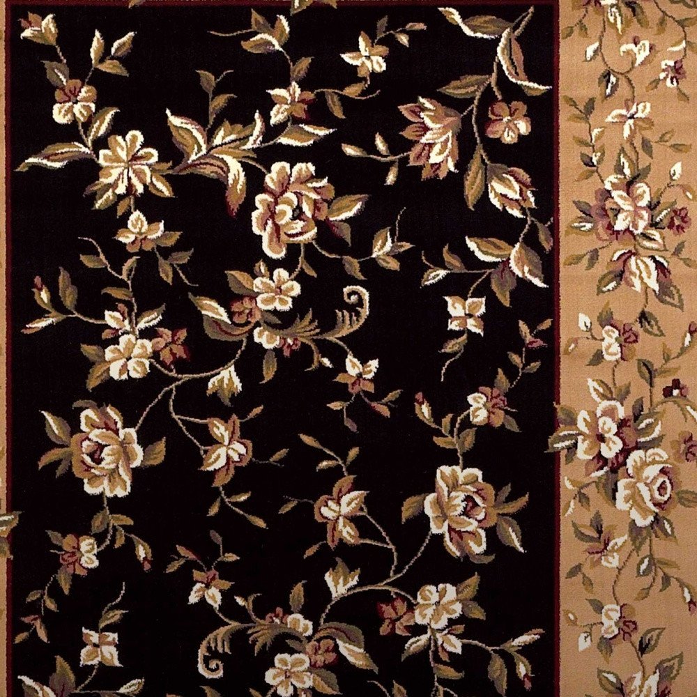 7' Tan Black And Beige Floral Vines Octagon Rug