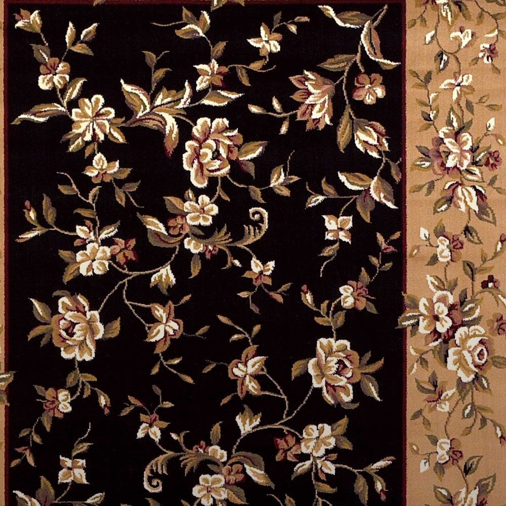 7' Tan Black And Beige Floral Vines Octagon Rug