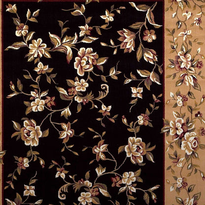 7' Tan Black And Beige Floral Vines Octagon Rug